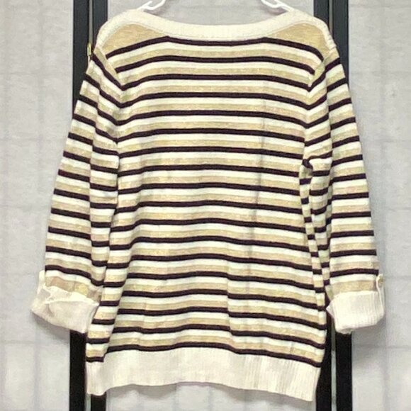 Karen Scott Wide Stripe Knit Sweater Boat Neck XL 3/4 Sleeve Metallic Gold - Picture 2 of 12